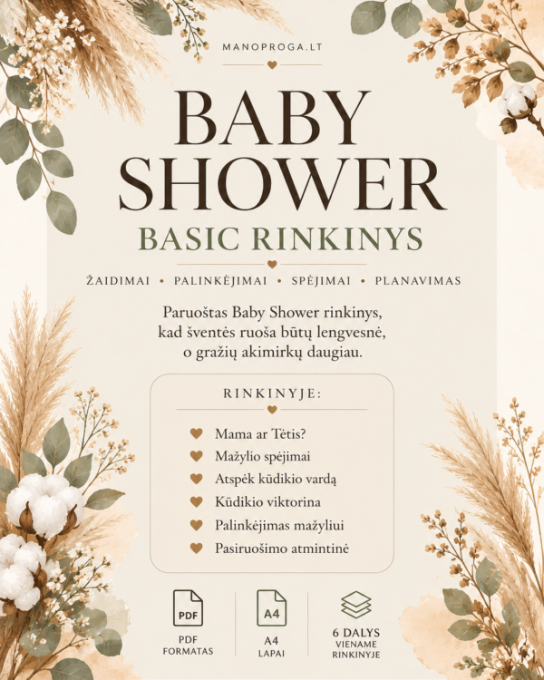Baby Shower žaidimų ir pasiruošimo rinkinys BASIC - 6 dalių PDF šventės planavimui