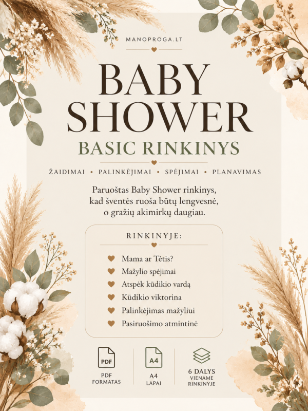 Baby Shower žaidimų ir pasiruošimo rinkinys BASIC - 6 dalių PDF šventės planavimui